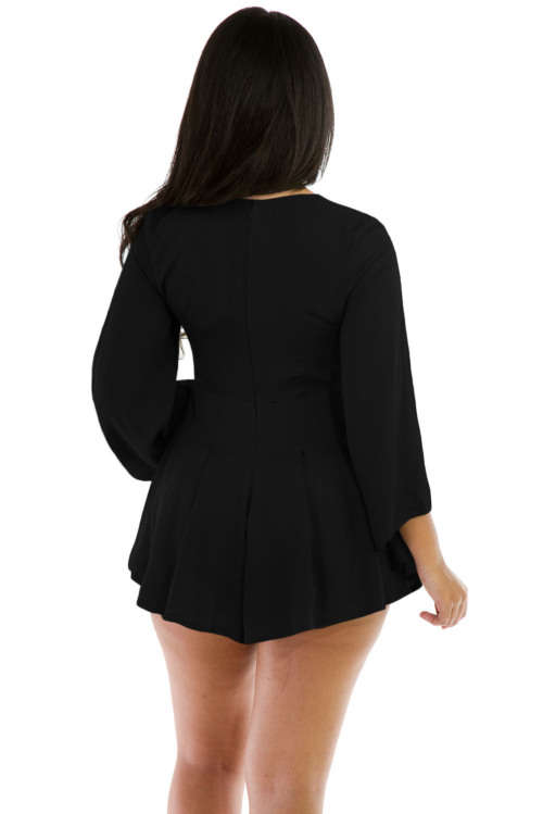 Black Lace Up Front Bell Sleeve Romper Playsuit