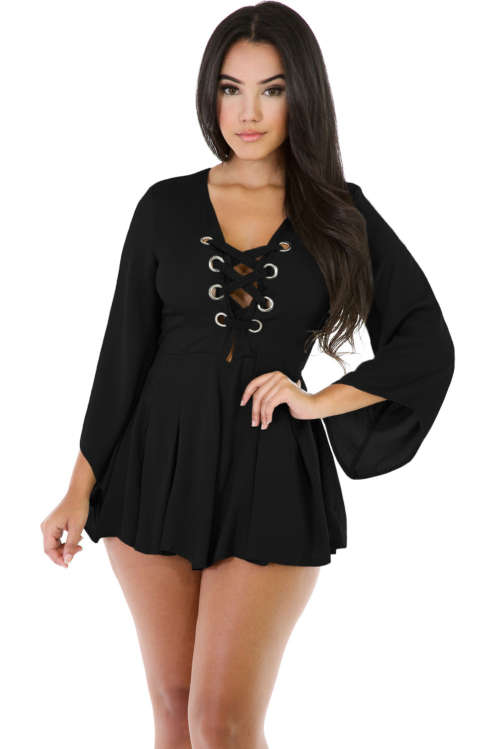 Black Lace Up Front Bell Sleeve Romper Playsuit