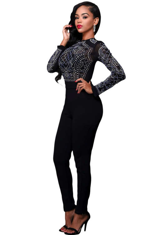 Black Long Sleeve Rhinestone Patterned Mesh Bodice Jumpsuit