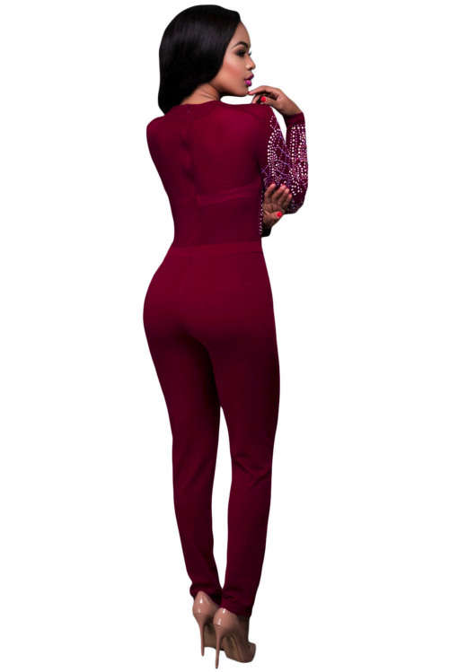 Red Long Sleeve Rhinestone Patterned Mesh Bodice Jumpsuit