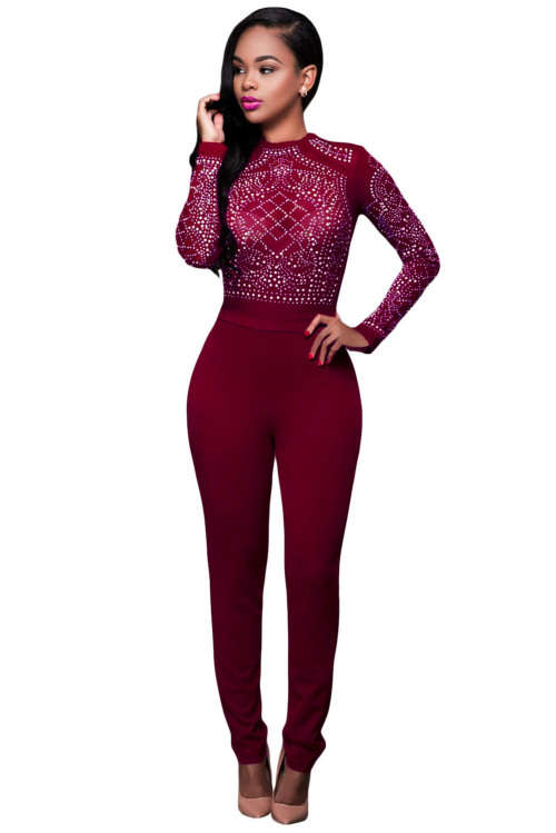 Red Long Sleeve Rhinestone Patterned Mesh Bodice Jumpsuit