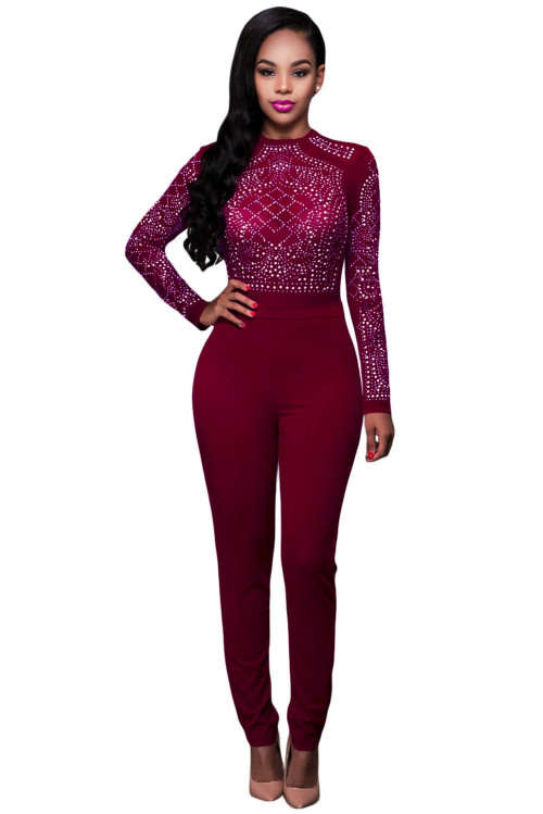 Red Long Sleeve Rhinestone Patterned Mesh Bodice Jumpsuit