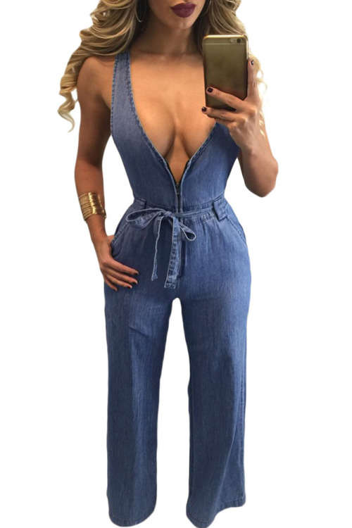 Plunging V Neck Sleeveless Strappy Open Back Lightweight Denim Jumpsuit