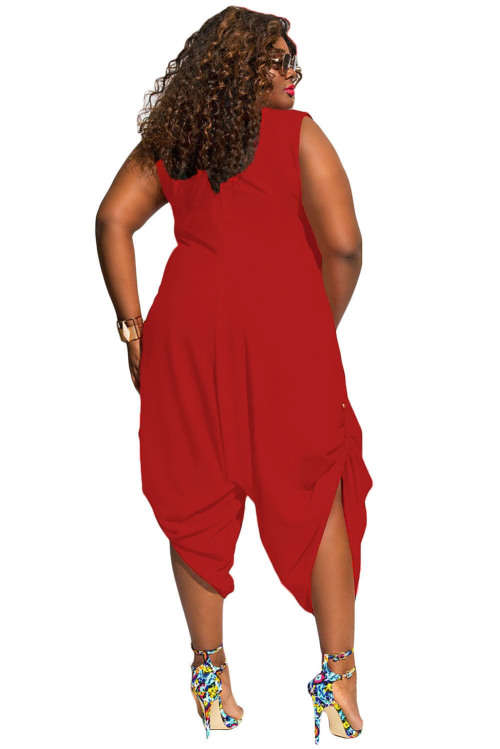 Red Plus Size Cowl Neck Loose Fitting Harem Style Sleeveless Jumpsuit