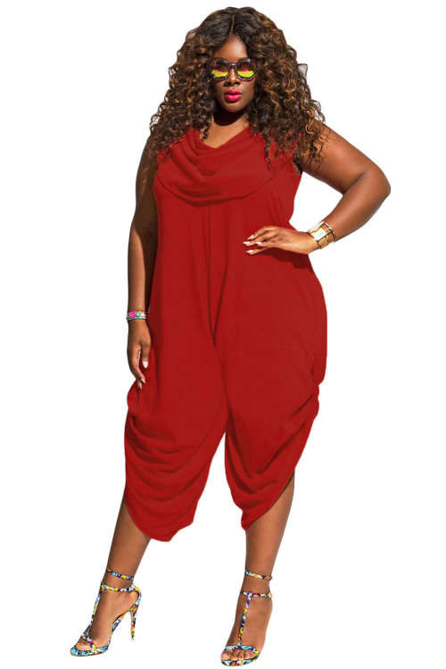 Red Plus Size Cowl Neck Loose Fitting Harem Style Sleeveless Jumpsuit