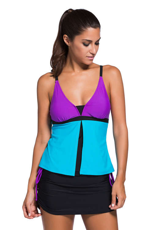 Purple Blue Colour Block Built in Bra Removable Padding Layered Tankini Skort Bottom Swimsuit
