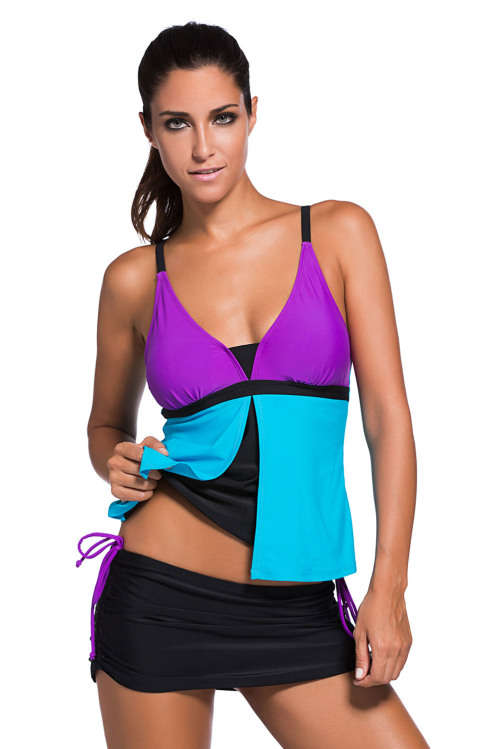 Purple Blue Colour Block Built in Bra Removable Padding Layered Tankini Skort Bottom Swimsuit
