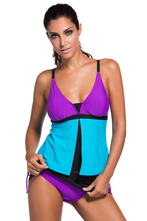 Purple Blue Colour Block Built in Bra Removable Padding Layered Tankini Skort Bottom Swimsuit