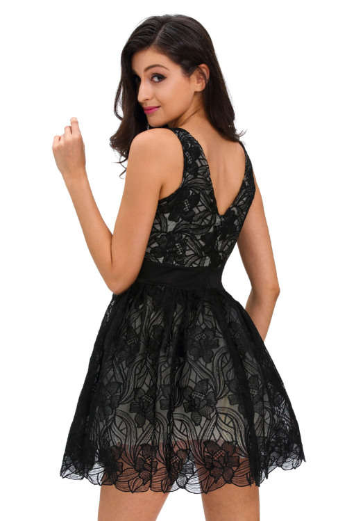 Black Floral Lace Overlay Skater Dress Tulle Lining Flared Formal Club Cocktail Party Evening Wear