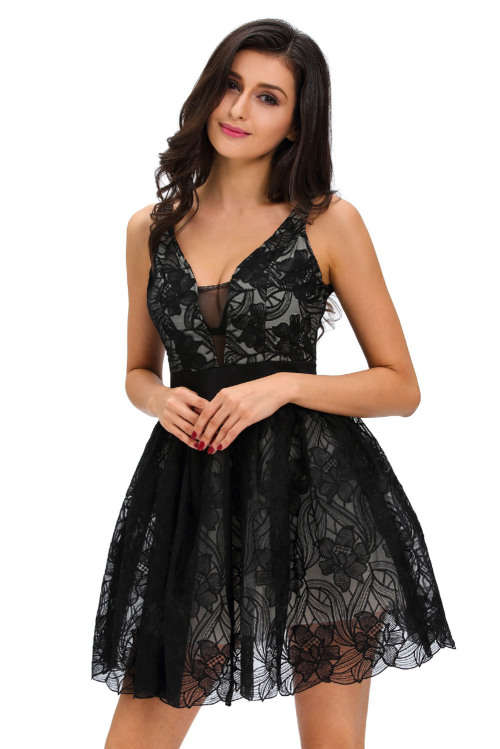 Black Floral Lace Overlay Skater Dress Tulle Lining Flared Formal Club Cocktail Party Evening Wear