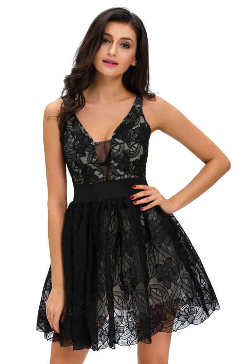 Black Floral Lace Overlay Skater Dress Tulle Lining Flared Formal Club Cocktail Party Evening Wear
