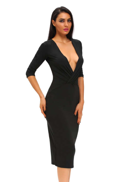 Black Wear Two Ways Bodycon Midi Dress Formal Cocktail Party Night Club Evening Wear