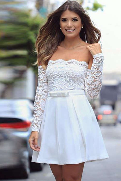 Women's White Lace Bodice Off Shoulder Pleated Skater Dress Formal Cocktail Party Night Club Evening