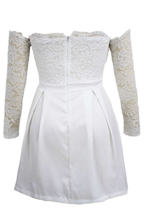 Women's White Lace Bodice Off Shoulder Pleated Skater Dress Formal Cocktail Party Night Club Evening