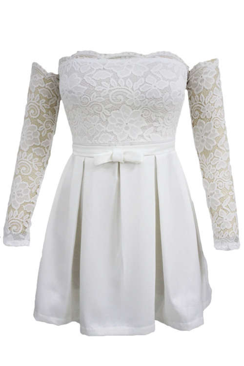 Women's White Lace Bodice Off Shoulder Pleated Skater Dress Formal Cocktail Party Night Club Evening