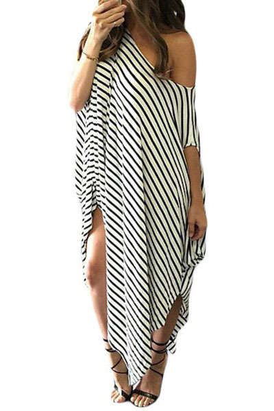 White Black Stripes Off Shoulder Asymmetric Maxi Dress Beach Summer Casual Wear