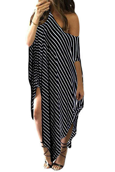 Black White Stripes Off Shoulder Asymmetric Maxi Dress Beach Summer Casual Wear