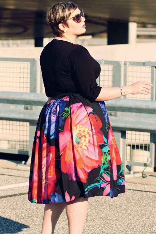 Black with Floral Print Skirt Plus Size Dress Formal Cocktail Party Night Club Evening Wear