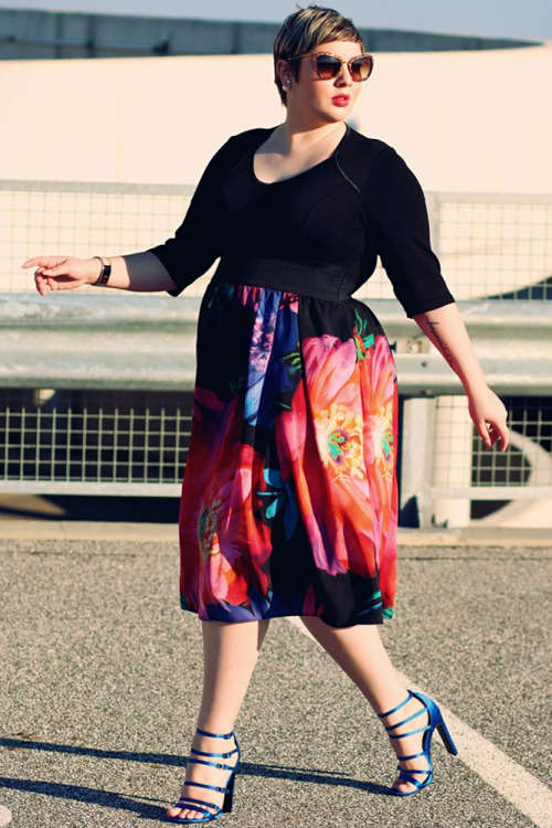 Black with Floral Print Skirt Plus Size Dress Formal Cocktail Party Night Club Evening Wear