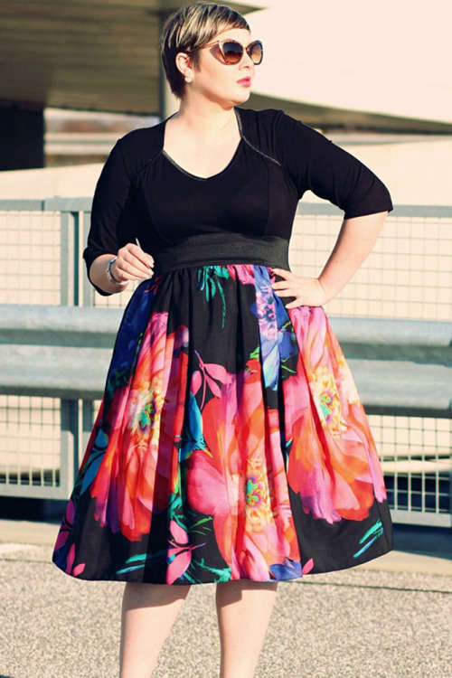 Black with Floral Print Skirt Plus Size Dress Formal Cocktail Party Night Club Evening Wear