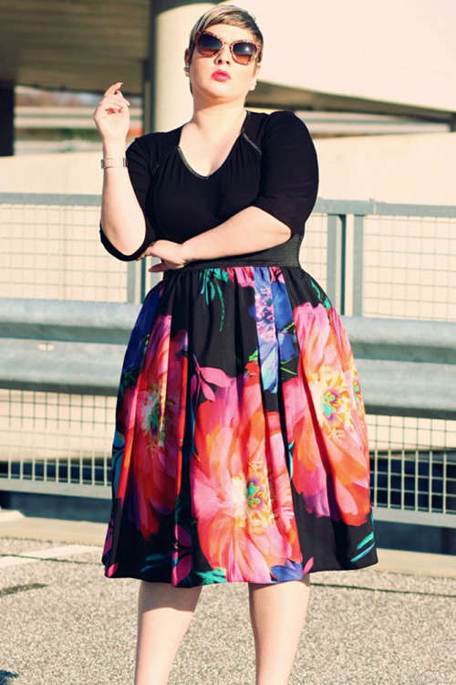 Black with Floral Print Skirt Plus Size Dress Formal Cocktail Party Night Club Evening Wear