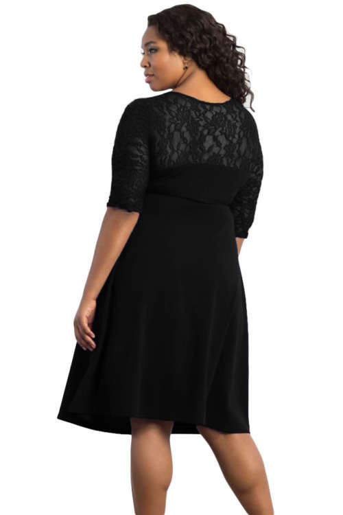 Women's Black Lace Detail Half Sleeve Plus Size Dress Formal Cocktail Party Night Club Evening Wear