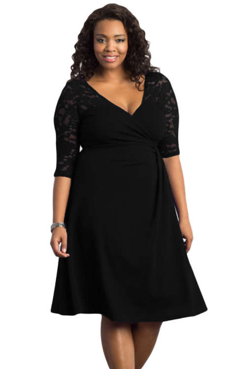 Women's Black Lace Detail Half Sleeve Plus Size Dress Formal Cocktail Party Night Club Evening Wear