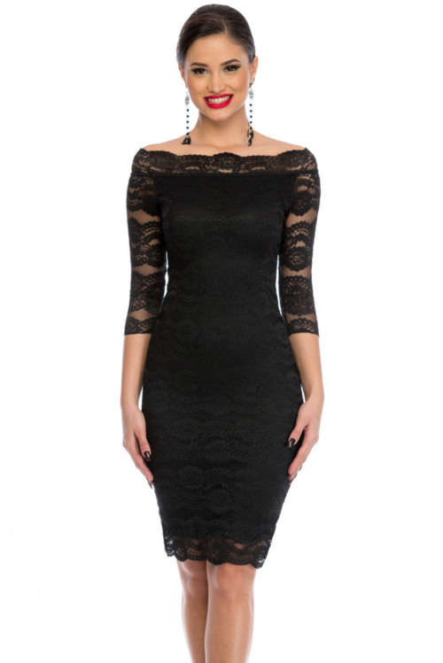 Black Lace Off Shoulder Midi Dress Formal Cocktail Party Night Club Evening Wear