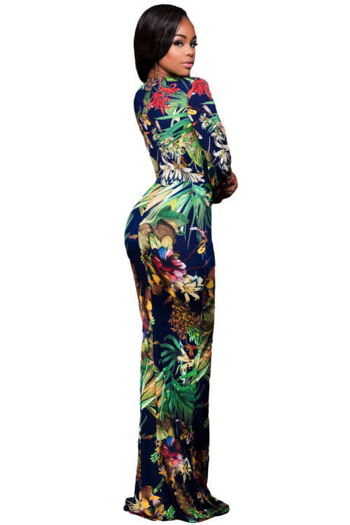 Plunging V Neck Floral Print Long Sleeve Maxi Dress Formal Cocktail Party Night Club Evening Wear