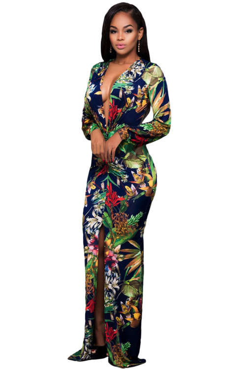 Plunging V Neck Floral Print Long Sleeve Maxi Dress Formal Cocktail Party Night Club Evening Wear