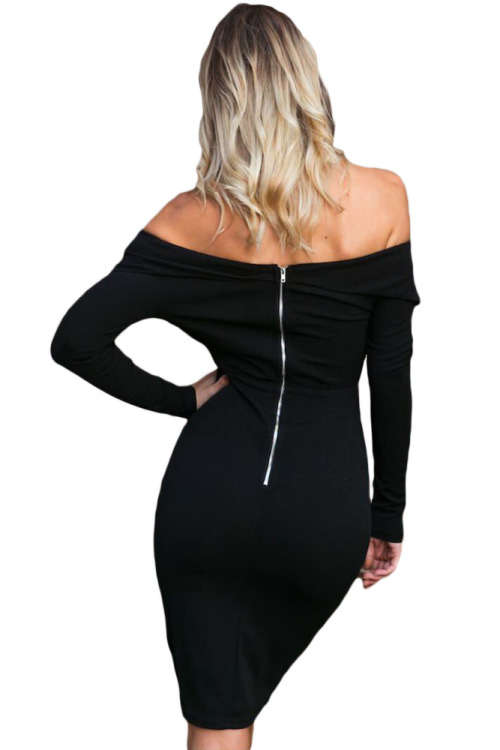 Black Off Shoulder Buttons Front Midi Dress Formal Cocktail Party Night Club Evening Wear