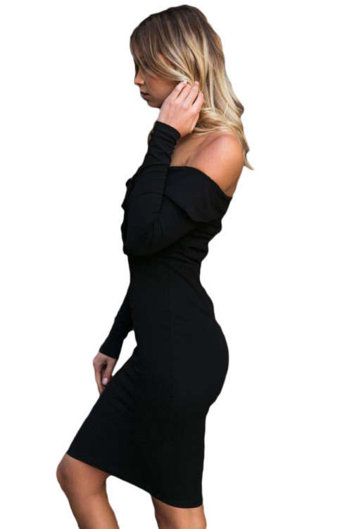 Black Off Shoulder Buttons Front Midi Dress Formal Cocktail Party Night Club Evening Wear