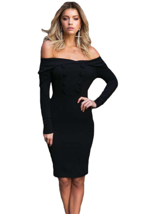 Black Off Shoulder Buttons Front Midi Dress Formal Cocktail Party Night Club Evening Wear