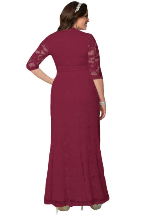 Women's Burgundy All Over Lace Plus Size Maxi Dress Formal Cocktail Party Night Club Evening Wear