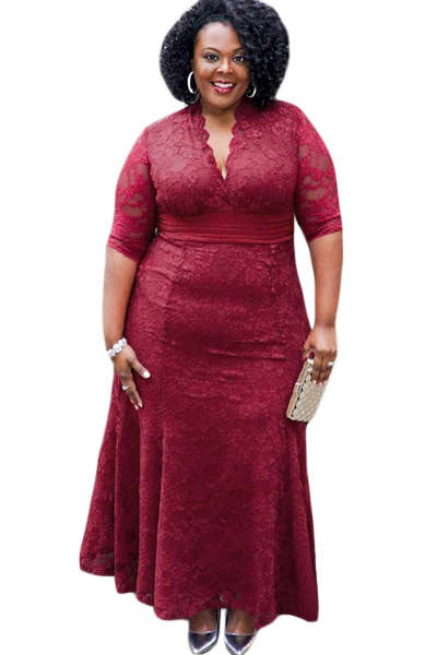 Women's Burgundy All Over Lace Plus Size Maxi Dress Formal Cocktail Party Night Club Evening Wear