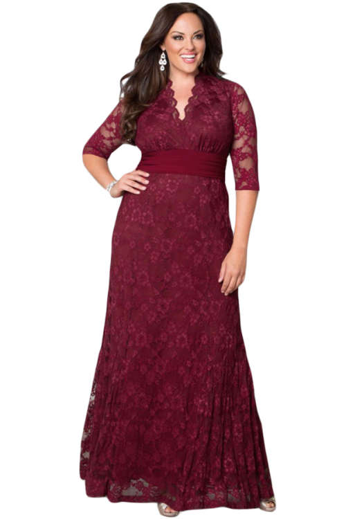 Women's Burgundy All Over Lace Plus Size Maxi Dress Formal Cocktail Party Night Club Evening Wear
