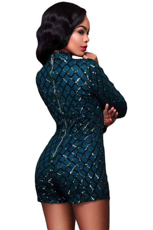 LOCAL STOCK Dark Green Diamond Sequin Pattern Long Sleeve Romper Playsuit