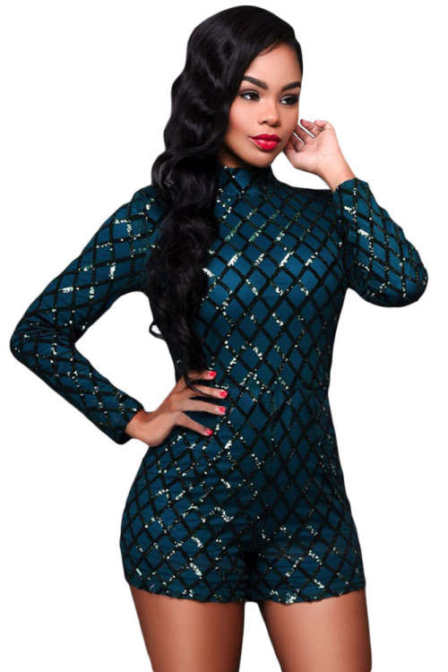 LOCAL STOCK Dark Green Diamond Sequin Pattern Long Sleeve Romper Playsuit