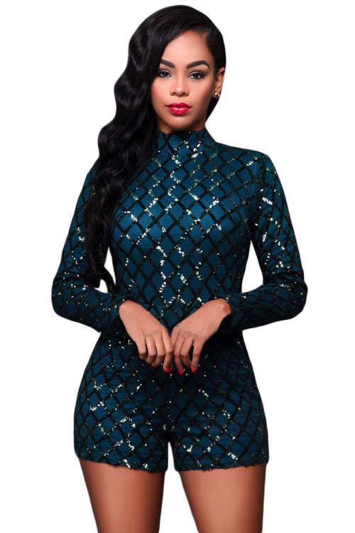 LOCAL STOCK Dark Green Diamond Sequin Pattern Long Sleeve Romper Playsuit