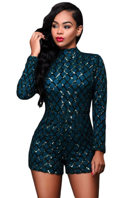 LOCAL STOCK Dark Green Diamond Sequin Pattern Long Sleeve Romper Playsuit
