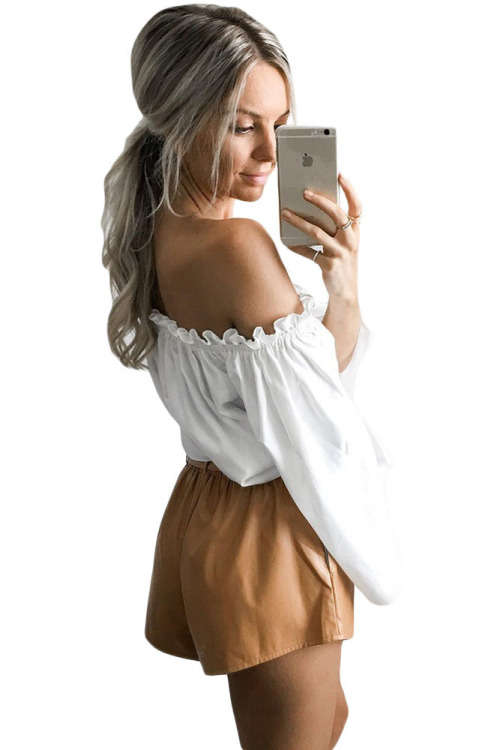 White Ruffled Off Shoulder Long Bell Sleeve Top