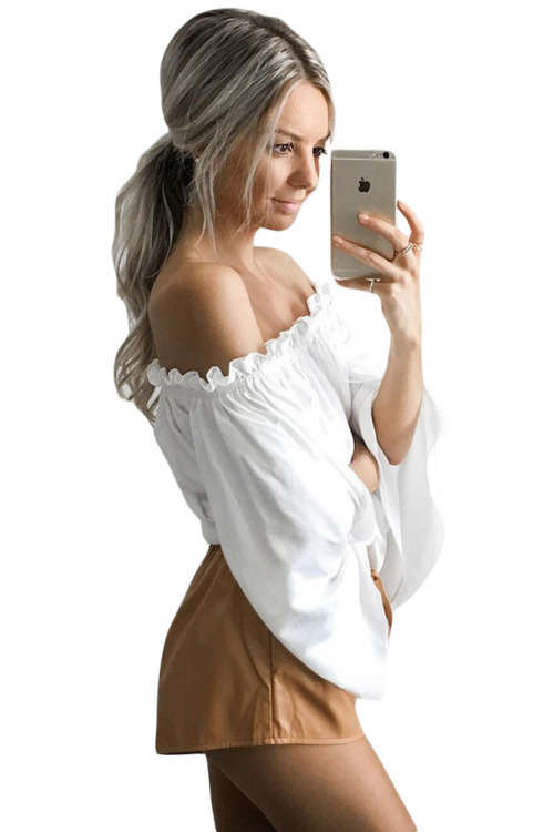 White Ruffled Off Shoulder Long Bell Sleeve Top