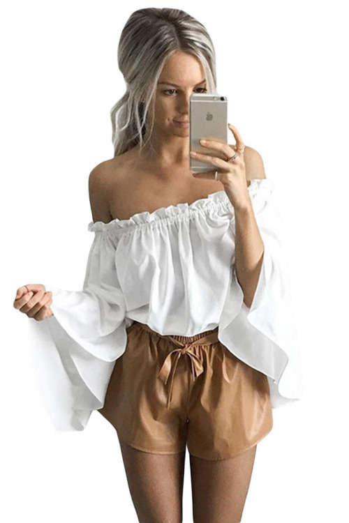 White Ruffled Off Shoulder Long Bell Sleeve Top