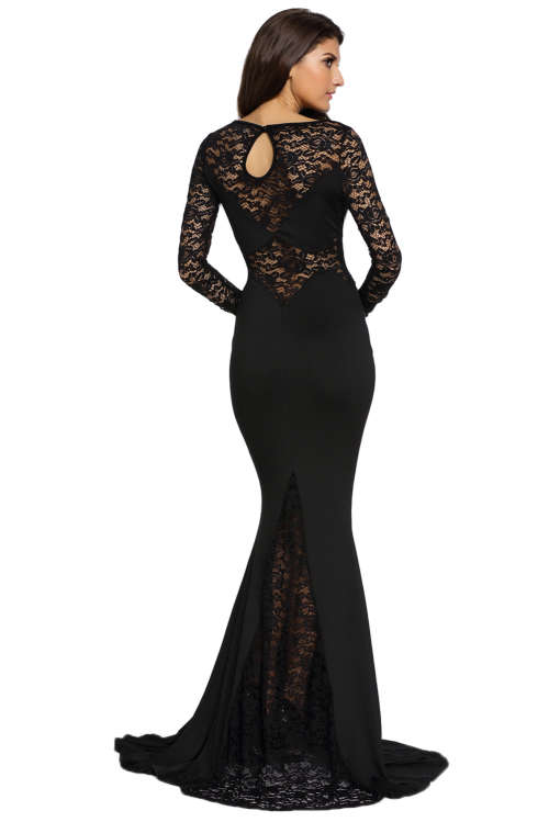 BEAUTIFUL BLACK LACE INSERT DETAIL MERMAID EVENING DRESS