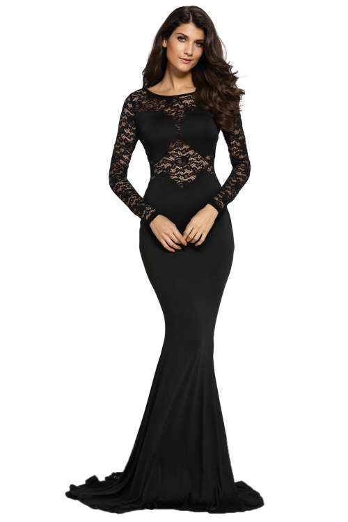 BEAUTIFUL BLACK LACE INSERT DETAIL MERMAID EVENING DRESS