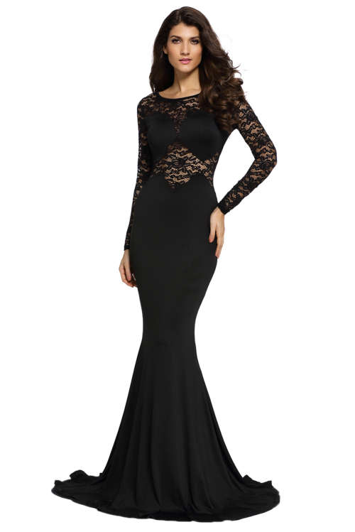 BEAUTIFUL BLACK LACE INSERT DETAIL MERMAID EVENING DRESS