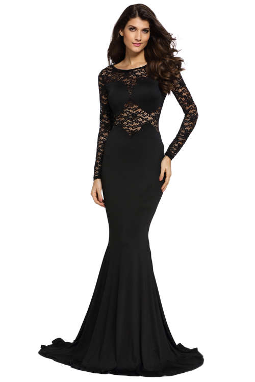 BEAUTIFUL BLACK LACE INSERT DETAIL MERMAID EVENING DRESS