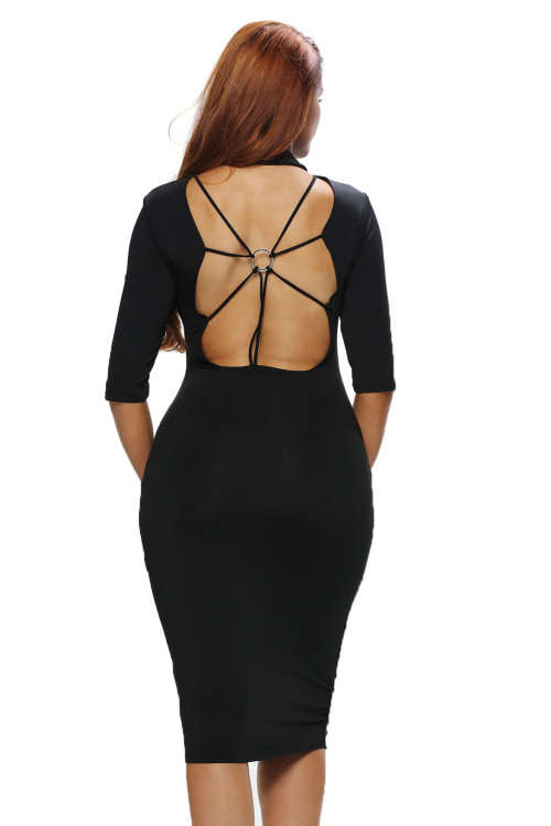 Black Bodycon O Ring Back Strap Detail Midi Dress Formal Cocktail Party Night Club Evening Wear