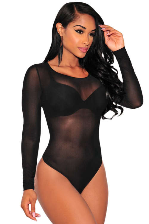 Black Sheer Mesh Long Sleeve Bodysuit