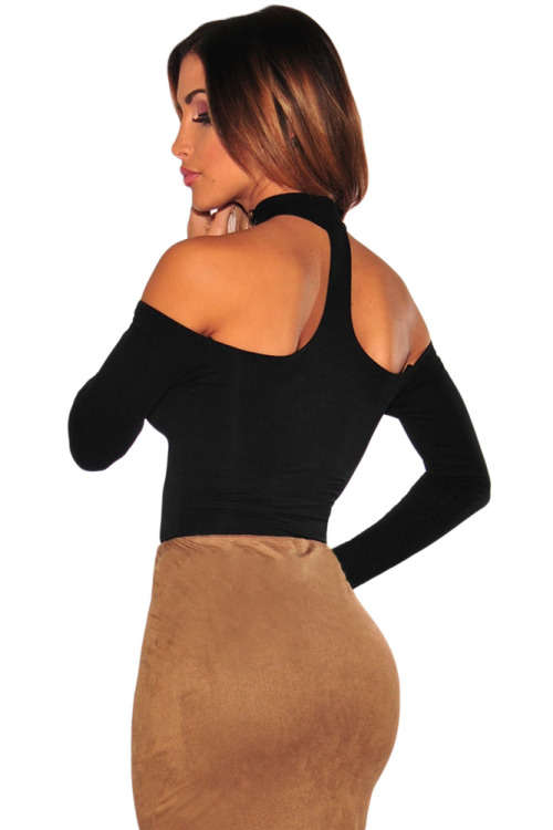 Black Choker Neck Off Shoulder Long Sleeve Bodysuit